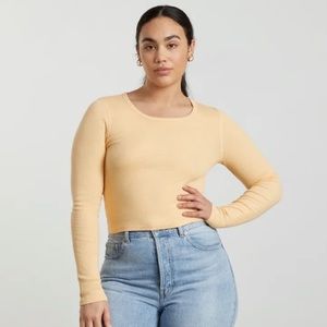 Everlane Pima Micro Rib Cropped Long-Sleeve Crew - Yellow/Melon, Size S